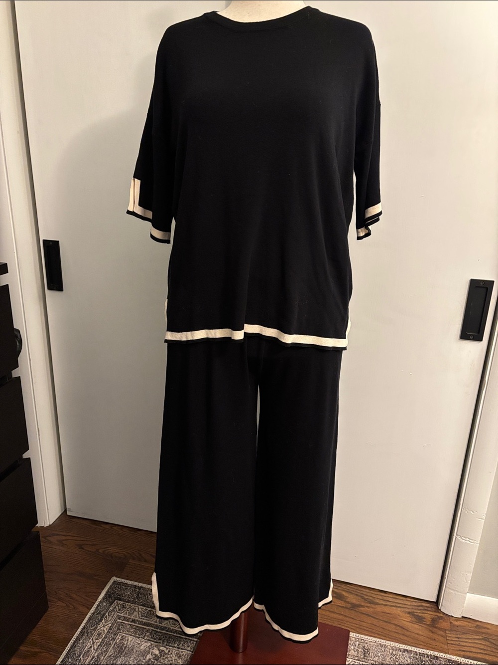 Black Wide-Leg Lounge Set with Cream Trim